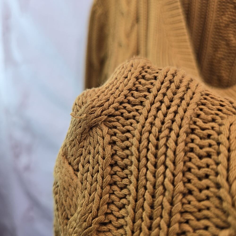 Vintage Eddie Bauer Sweater Womens XL Mustard V Neck 90s Cable Knit Fisherman - Picture 8 of 10